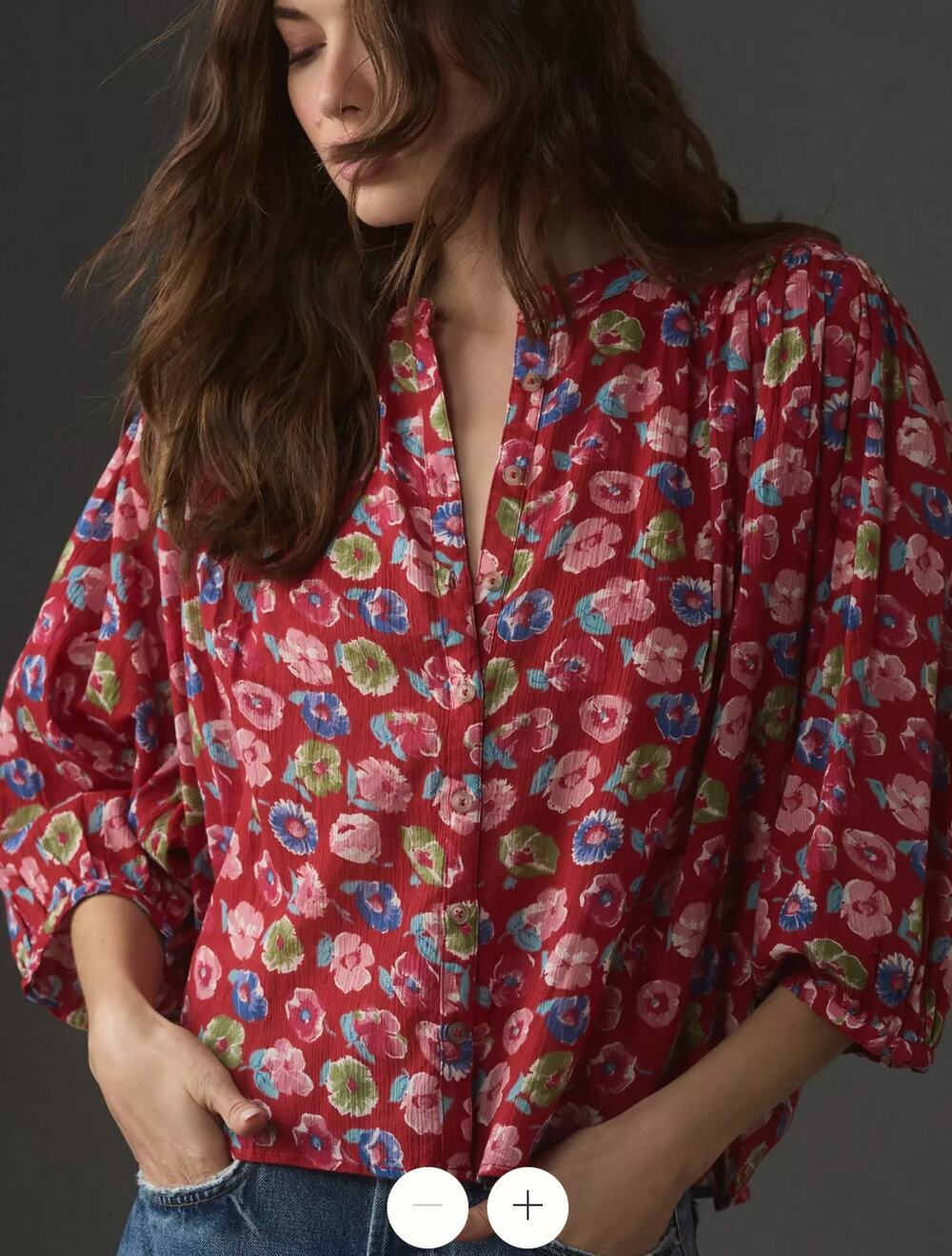 Pilcro Anthropologie Sidney Batwing Blouse Red Floral Button Up Puff Sleeve XXS